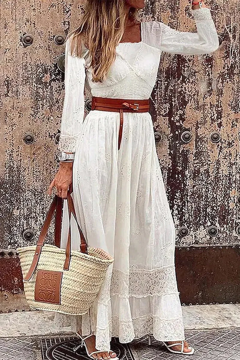 Sweet Elegant Solid With Belt Mesh Square Collar A Line Dresses