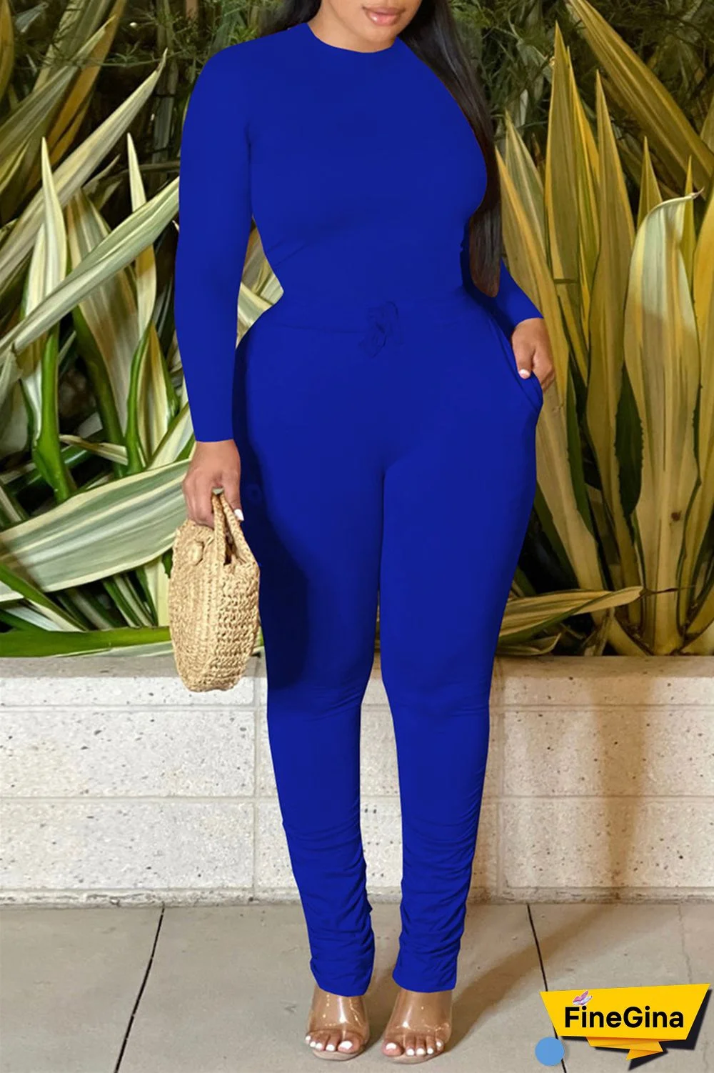 Yellow Casual Solid Basic O Neck Long Sleeve Two Pieces