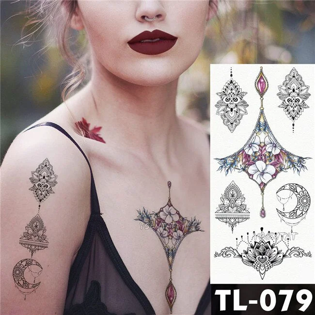 Water Transfer Deep pink henna lace rose flower Temporary Tattoo Sticker butterfly Pattern body art Waterproof Fake Flash Tattoo
