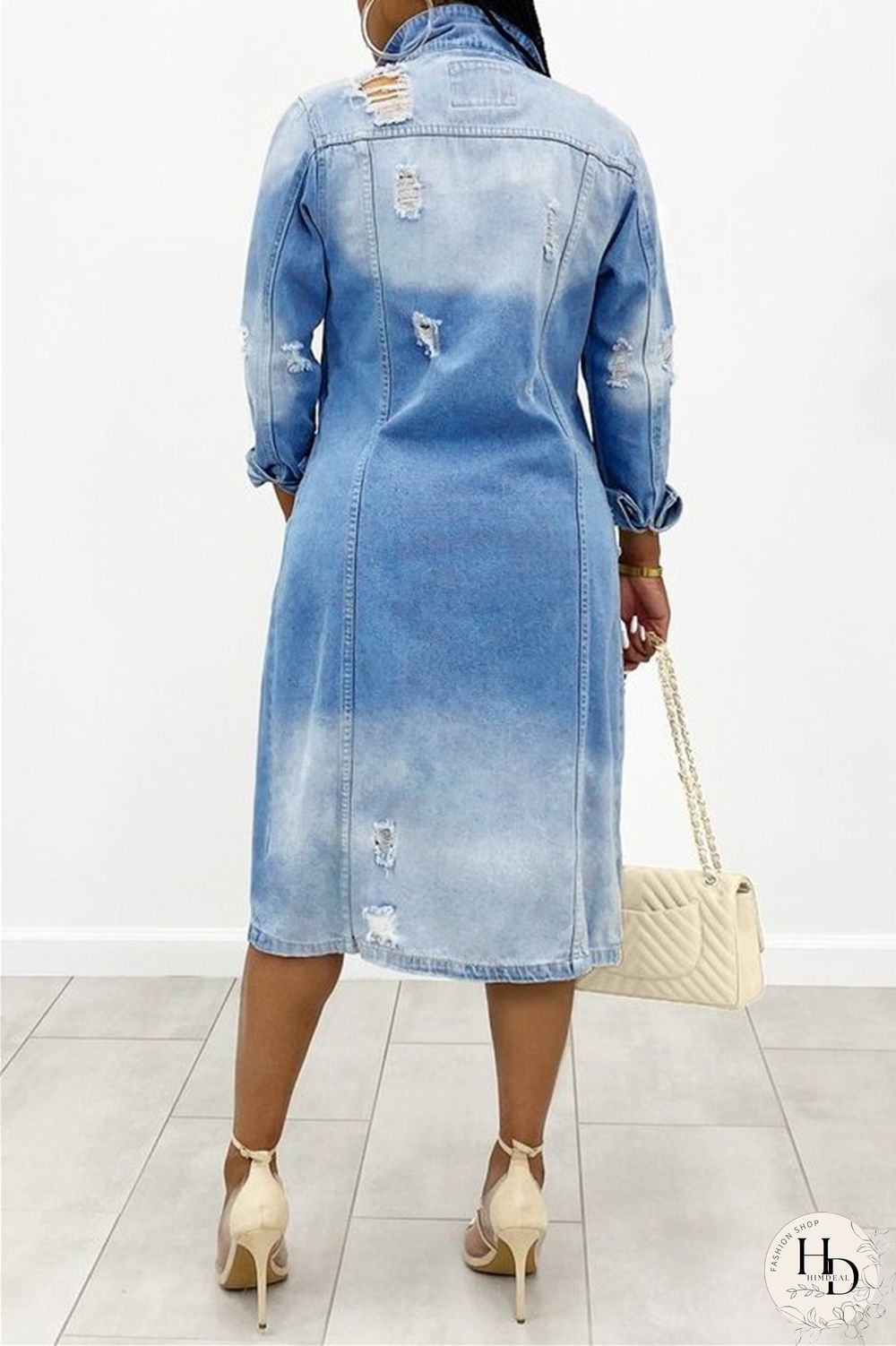 Deep Blue Casual Solid Ripped Patchwork Turndown Collar Long Sleeve Regular Denim Jacket