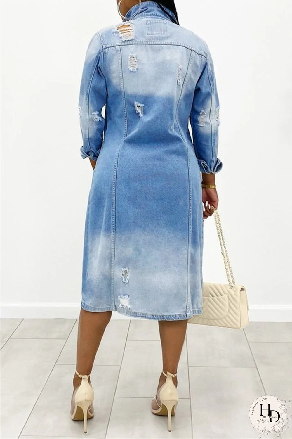 Deep Blue Casual Solid Ripped Patchwork Turndown Collar Long Sleeve Regular Denim Jacket