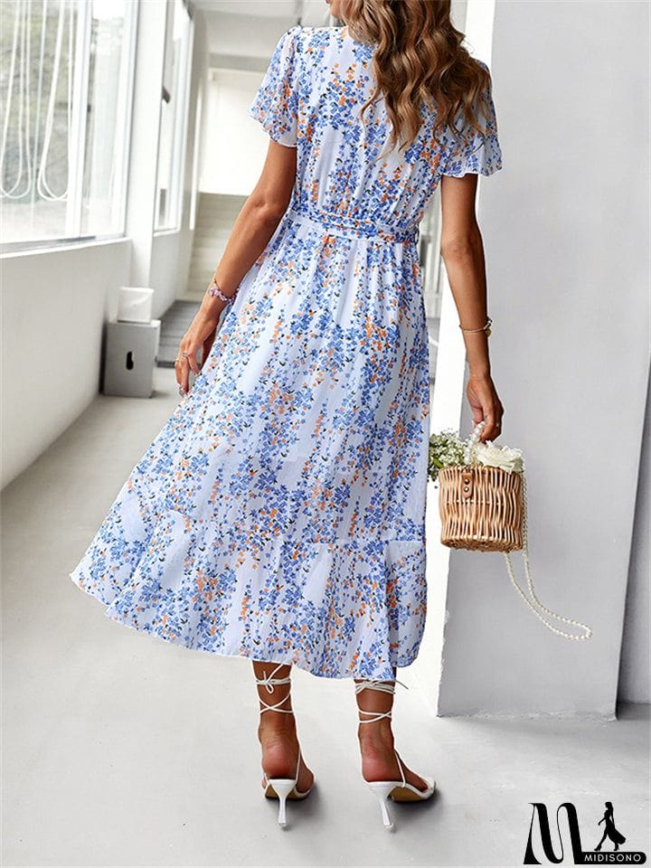 MidiSono - Sexy V-Neck Floral Printed Irregular Hem Dresses