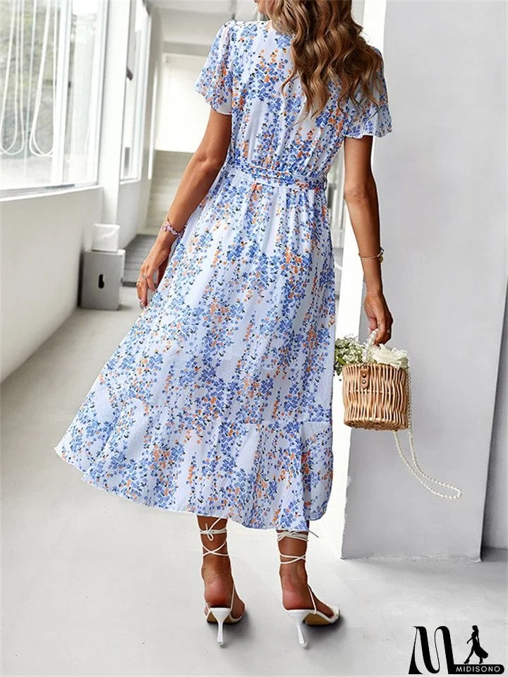 MidiSono - Sexy V-Neck Floral Printed Irregular Hem Dresses