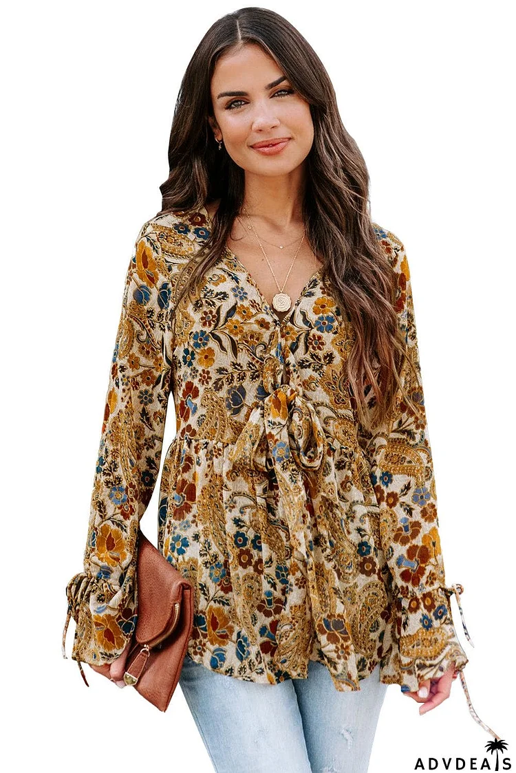 Multicolor Floral Printed Front Tie V Neck Blouse