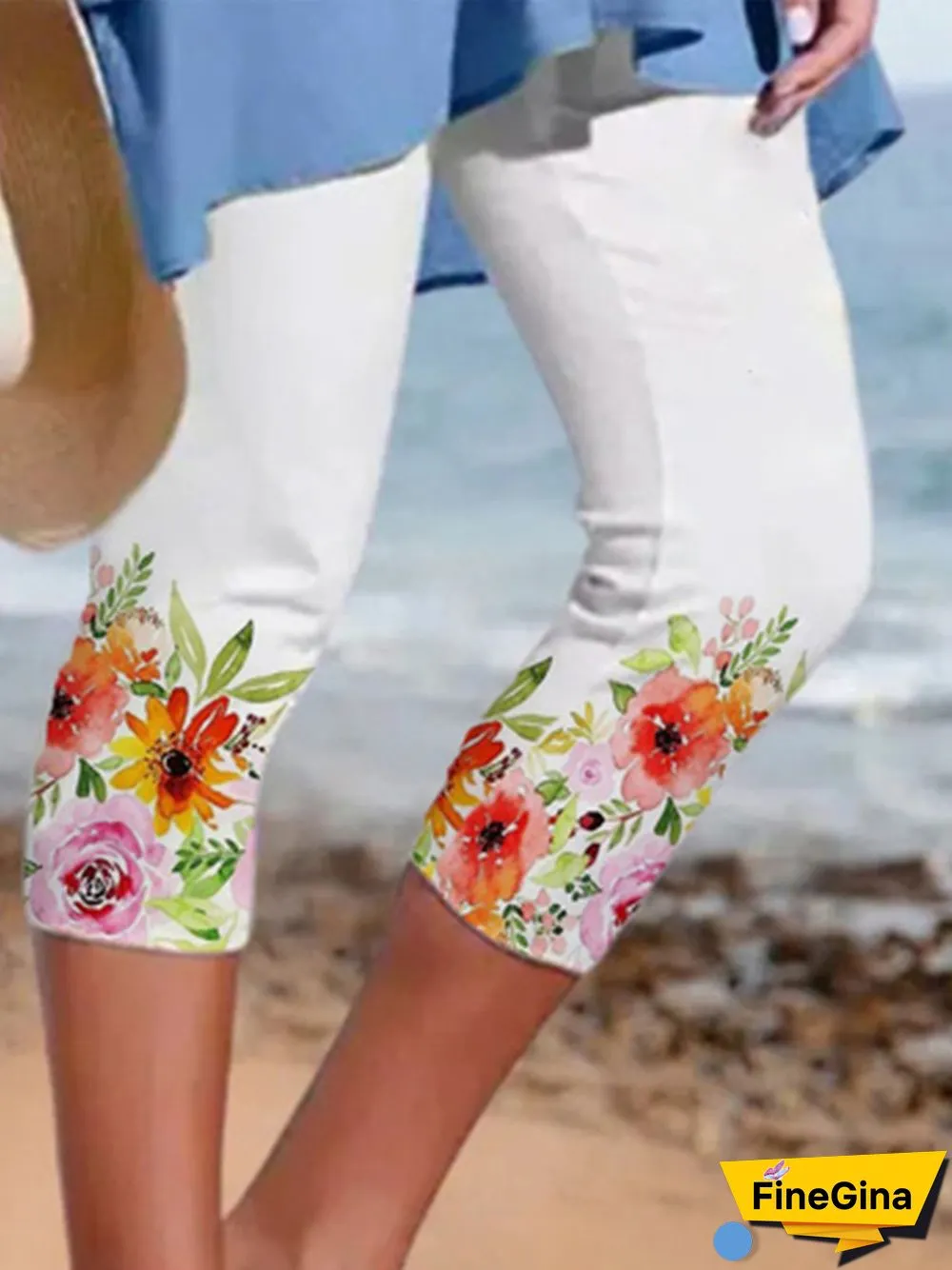 Casual Floral Elastic Waist Skinny Cropped Leggings