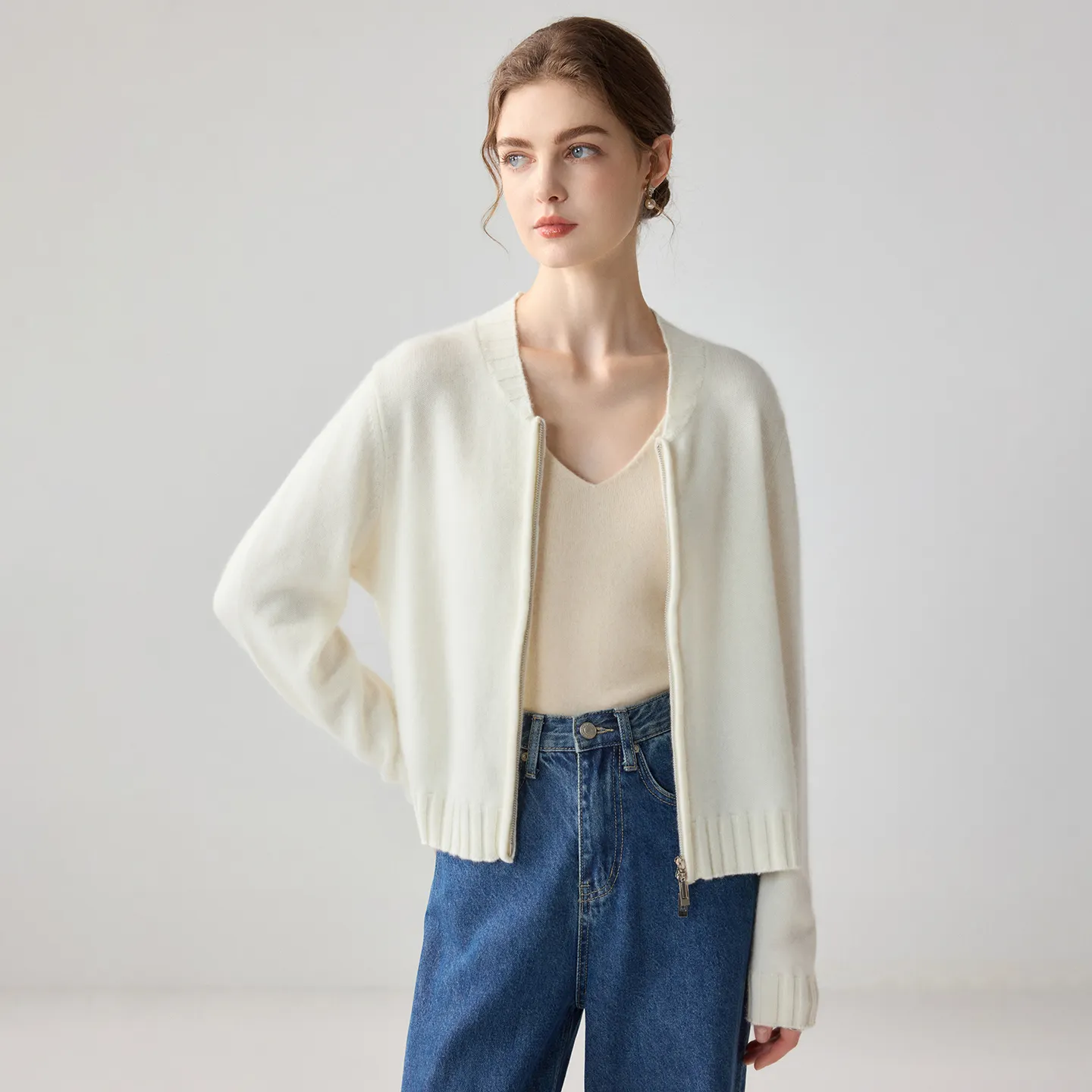 Women's Mongolian Cashmere Cardigan Regular Fit Zip-Front REAL SILK LIFE