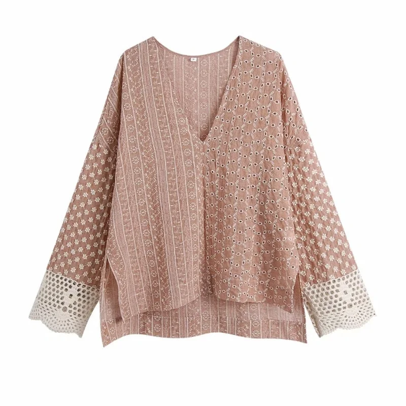 Summer Women Flower Embroidery Splicing V Neck Blouse Female Long Sleeve Cuff Lace Shirt Casual Lady Loose Tops Blusas S9080