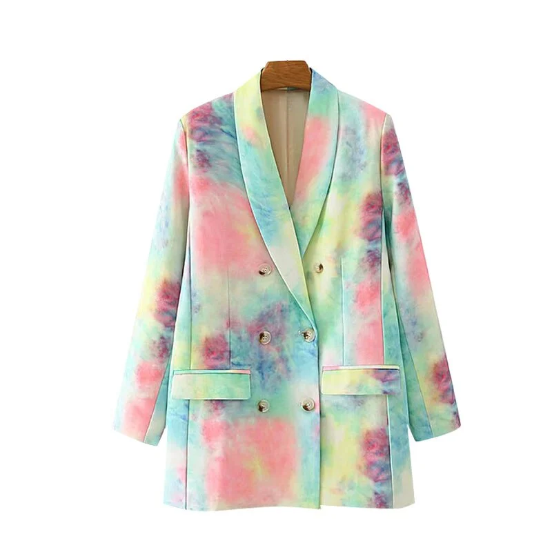 TRAF Women Fashion Double Breasted Tie-dye Print Blazer Coat Vintage Long Sleeve Pockets Female Outerwear Chic Tops