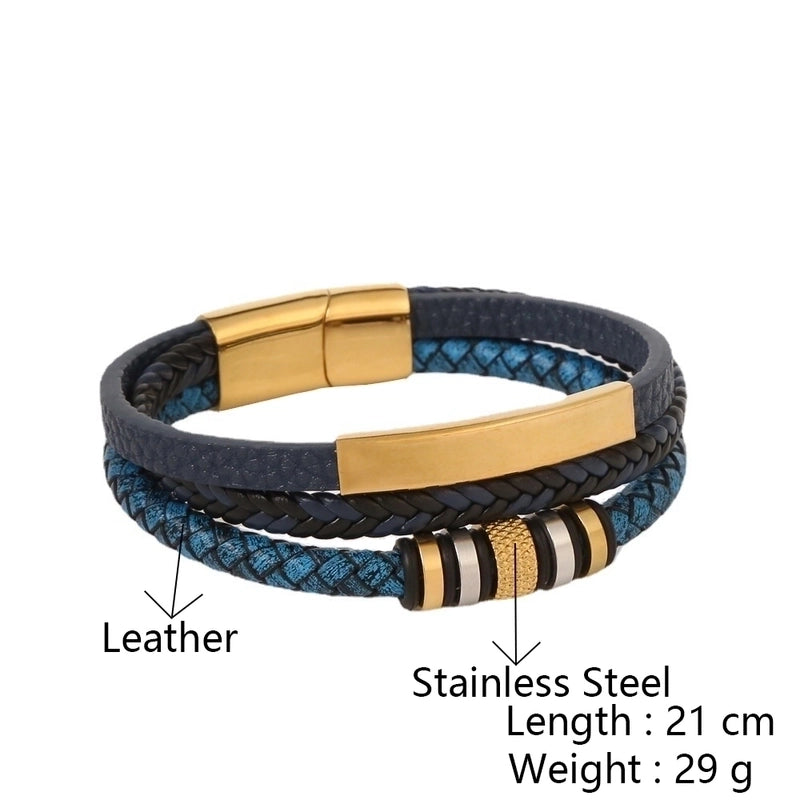 2 Pieces Stainless Steel Pu Leather Casual Hip-Hop Plating Magnetic Braid Stripe Plaid Twist Bracelets Bangle