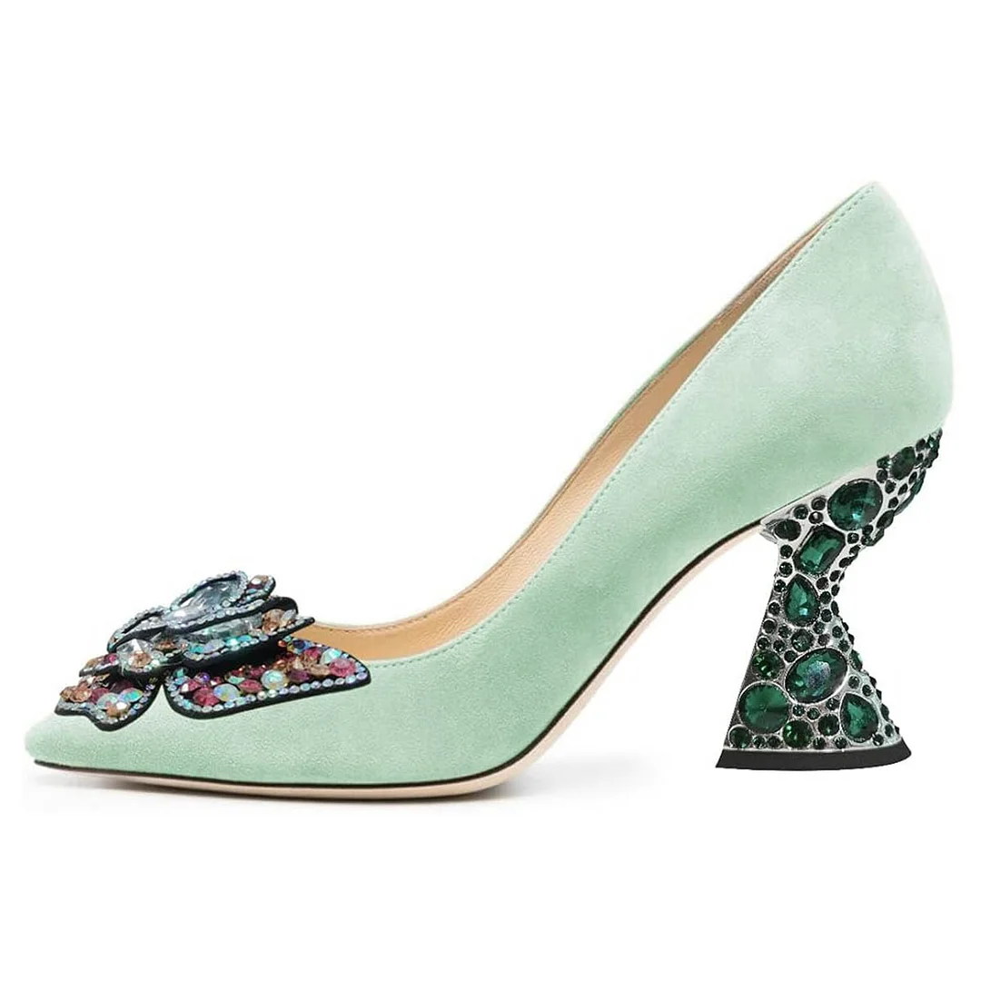 Green Pointed Toe Decorative Heel Butterfly Rhinestone Pumps Shoes