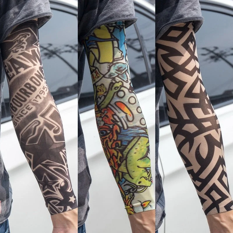 3PCS/lot new mixed 100%Nylon elastic Fake temporary tattoo sleeve skull wolf totem dragon designs body Arm stockings cool men