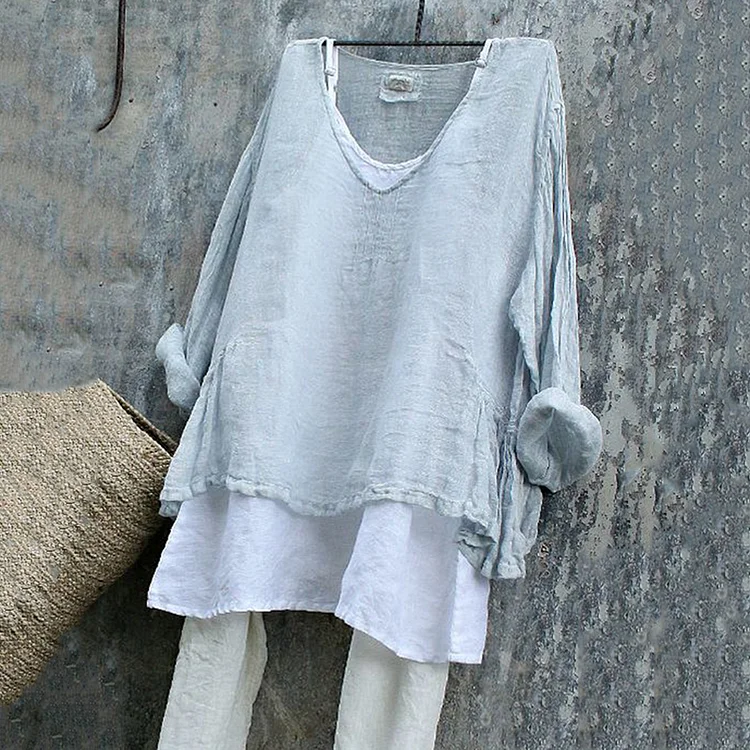 Vintage Cotton Linen V Neck Casual Shirt