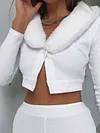 Stylish Solid Color Split-Joint Plush V-Neck Long Sleeves Outerwear