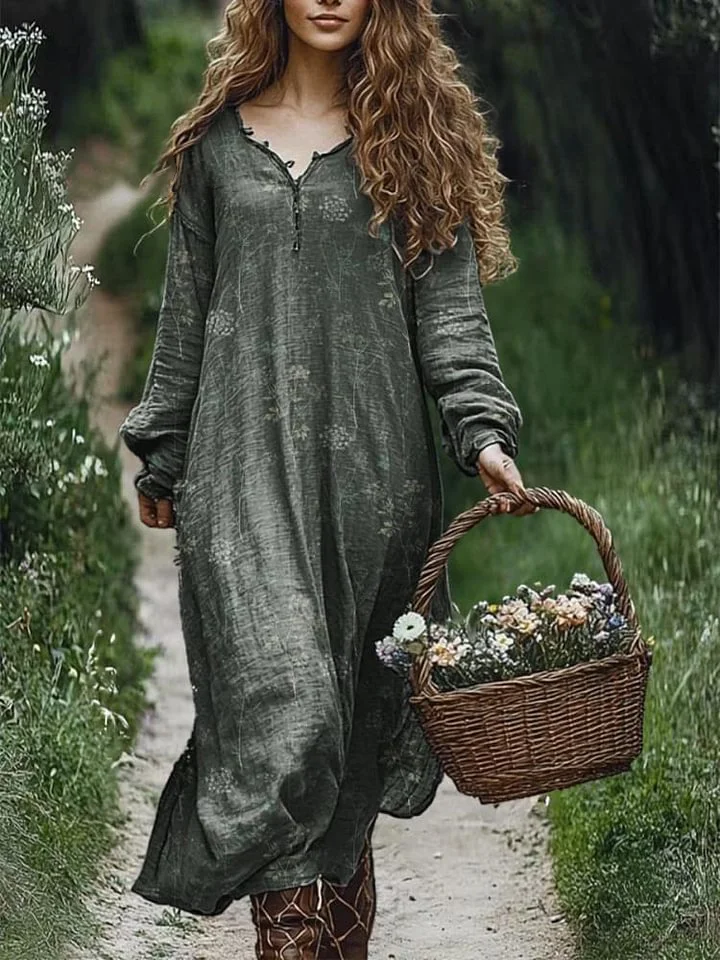 Women's Long Sleeve Vintage Floral Pocket Cotton Midi Dress