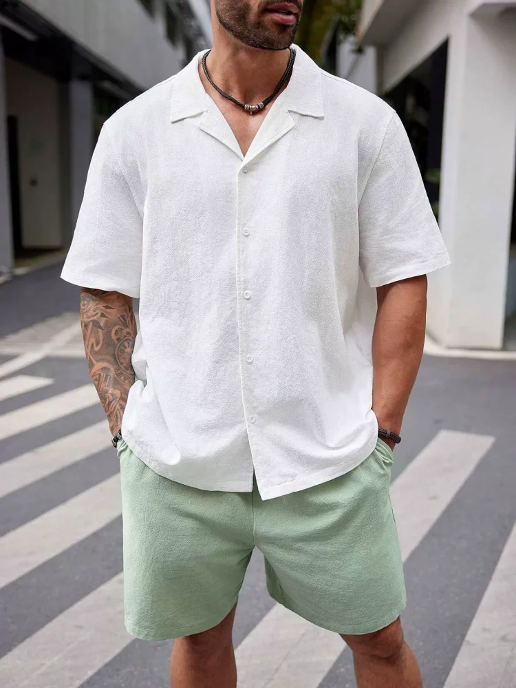 Men's Classic Casual Striped Digital Print Cuban Collar Shirt Shorts Two-Piece Set