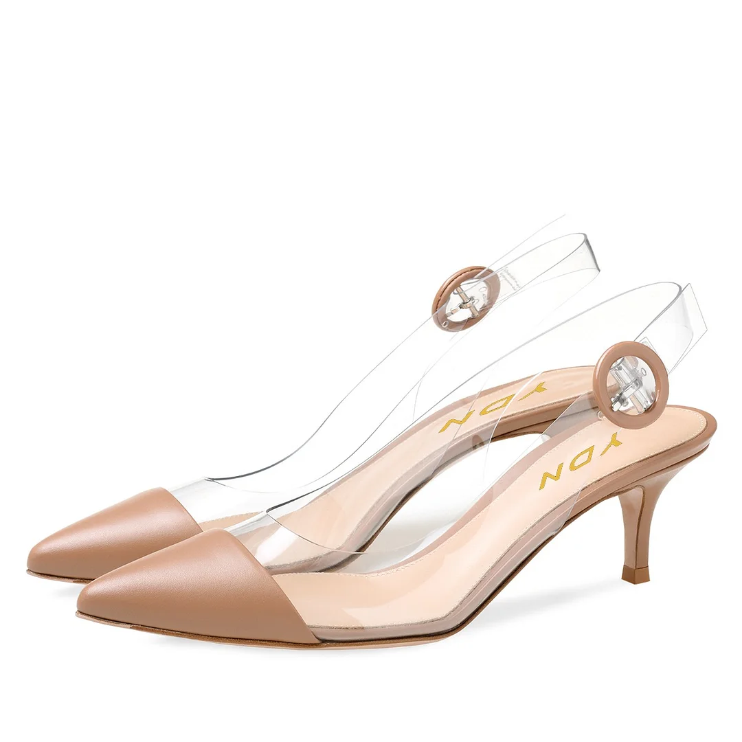 Nude Kitten Heel Buckle Clear Strap Pumps Shoes with Slingback