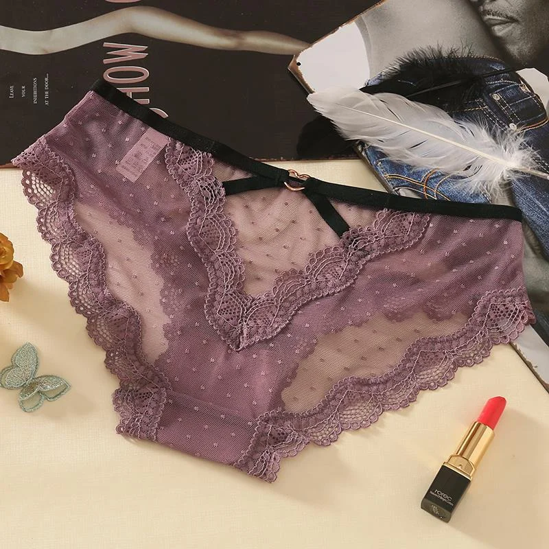 French Hollow Out Sexy Dots Transparent Underwear Women Erotic Heart Decoration Panties Floral Lace Briefs Seamless Lingerie