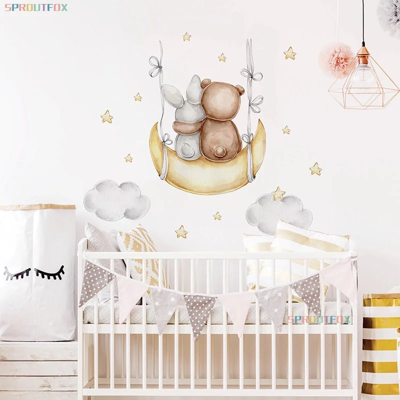Rabbit Wall Stickers For Children's Room Decorative Vinyl Bear Wall Stickers For Kids Rooms Animal Pattern Wall Stickers Child