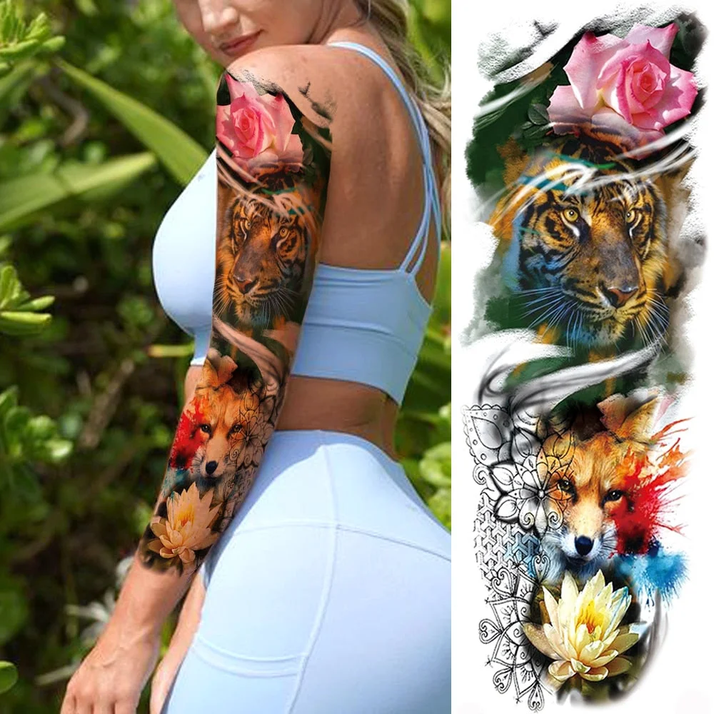 Color large Temporary Tiger Tattoos For Men Women Body Art Full Arm Sleeve Tatoo Flower Water Transfer Fake Fox Tattoo Stickers