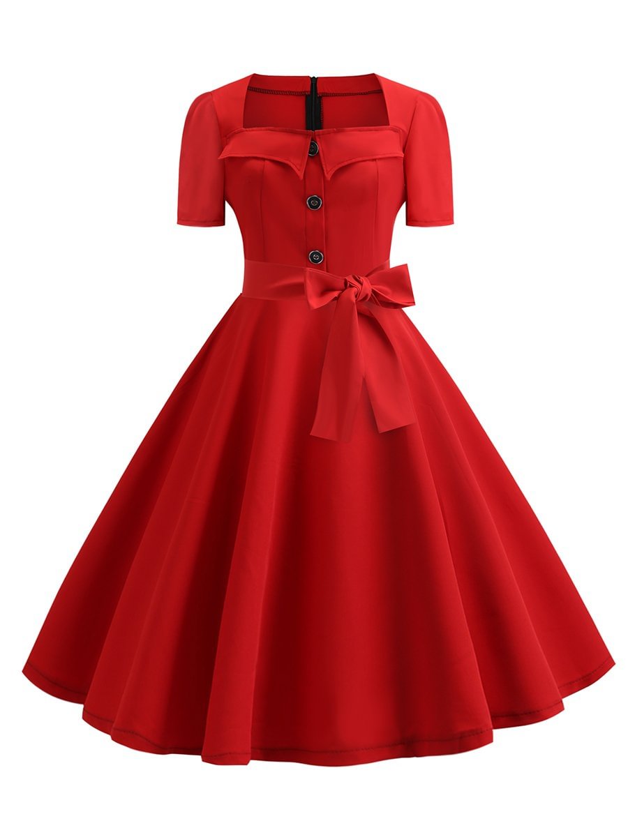 Hepburn Square Collar Short-Sleeved Belt Design Polka Dot 50s Retro Dress