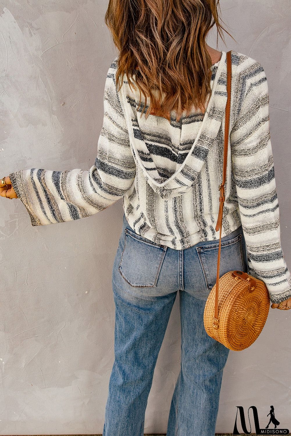 MidiSono - color Striped Knit Kangaroo Pocket Hooded Sweater