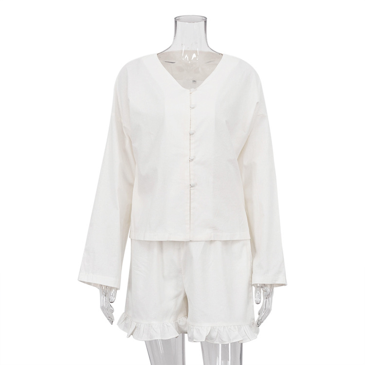 Ootddress Ruffled Casual Outfits For Women High Waist Long Sleeve Shorts Two Piece Solid Knee Length Baggy Female Nightwear Outfits
