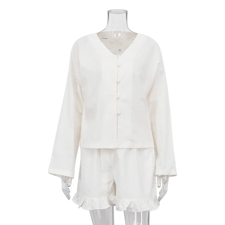 Ueong Ueong Women's Summer New Set Beige Long Sleeve Loose Casual Shirt High Waist Shorts Two-Piece Set
