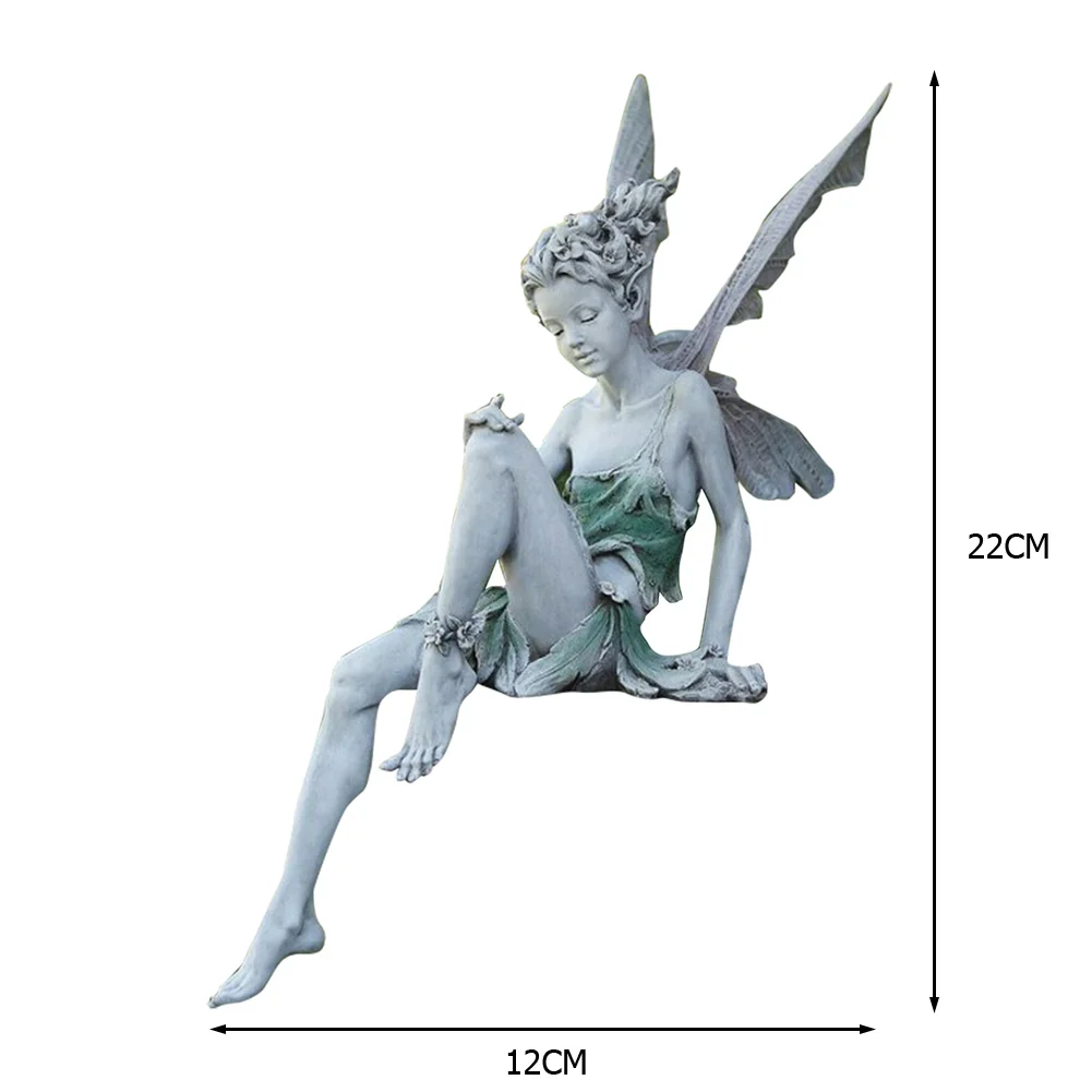 Flower Fairy Sculpture Resin Turek Sitting Statue Angel Yard Decor (White)