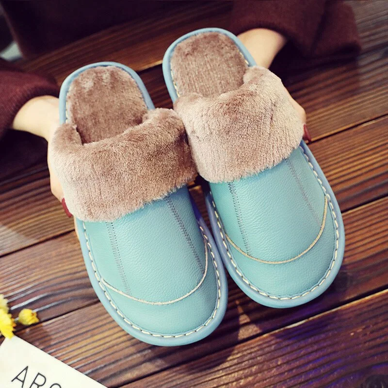 Female Slippers Genuine Leather Women's Slippers for Home Soft Velvet Plush Slippers Indoor Comfy Waterproof  Shoes Woman