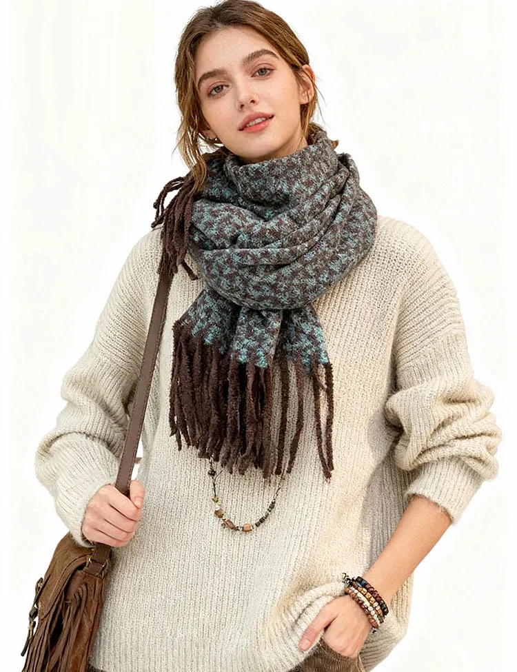 Ladies Vintage Floral Jacquard Fringe Oblong Knit Scarf