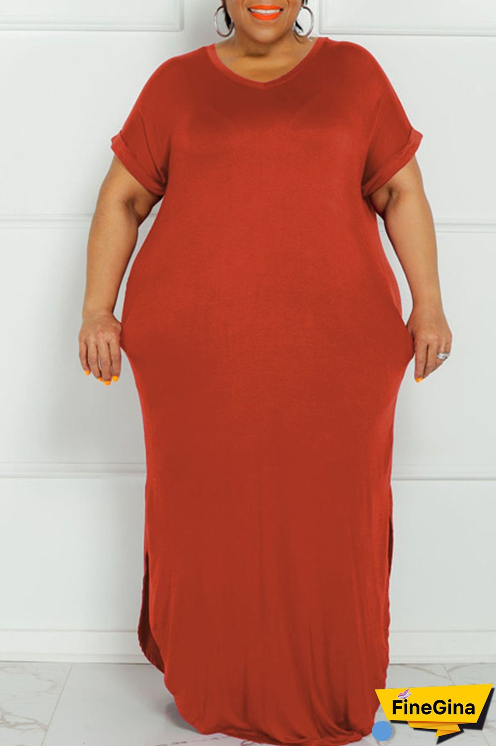 Yellow Casual Solid Patchwork Slit V Neck Straight Plus Size Dresses