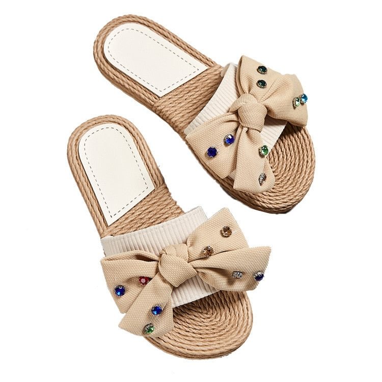 Women Flax Color Rhinestone Bow Slippers Summer Casual Slides Beach Shoes Ladies Indoor Linen Slippers Bohemia Sandals hy419