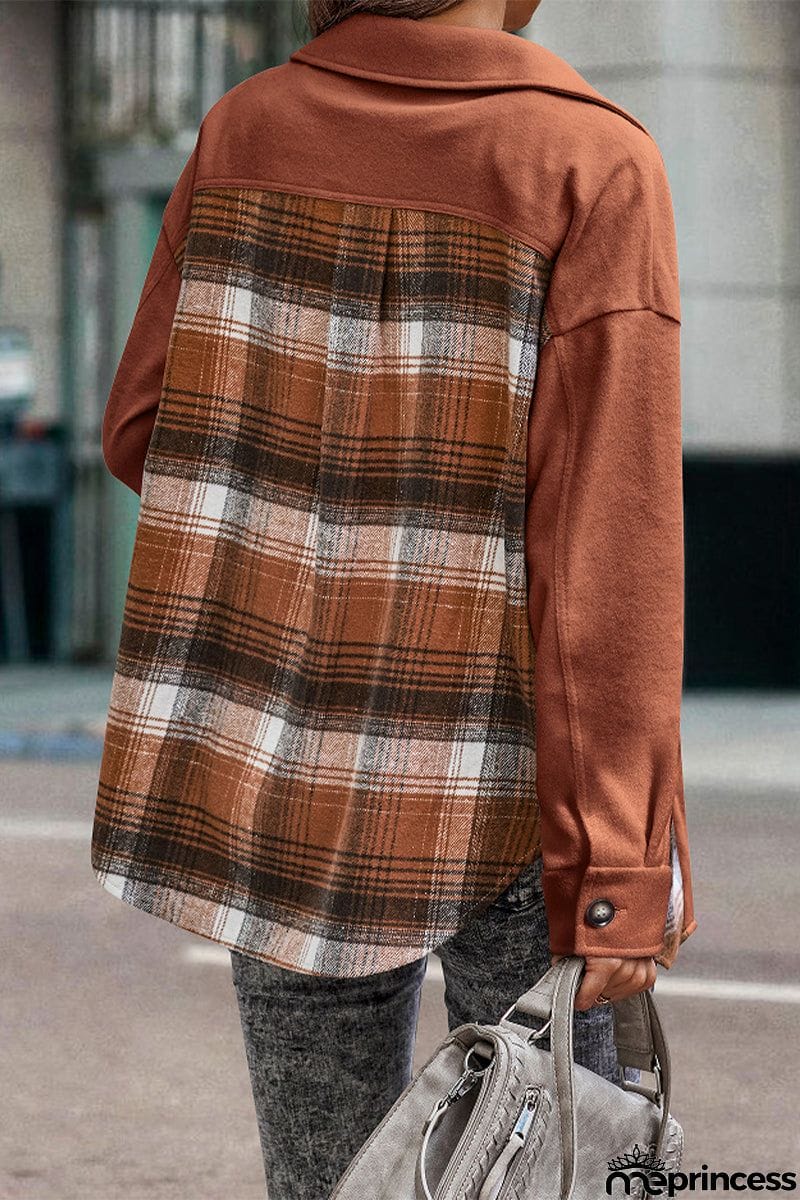 Street Plaid Patchwork Pocket Turndown Collar Blouses(3 Colors)