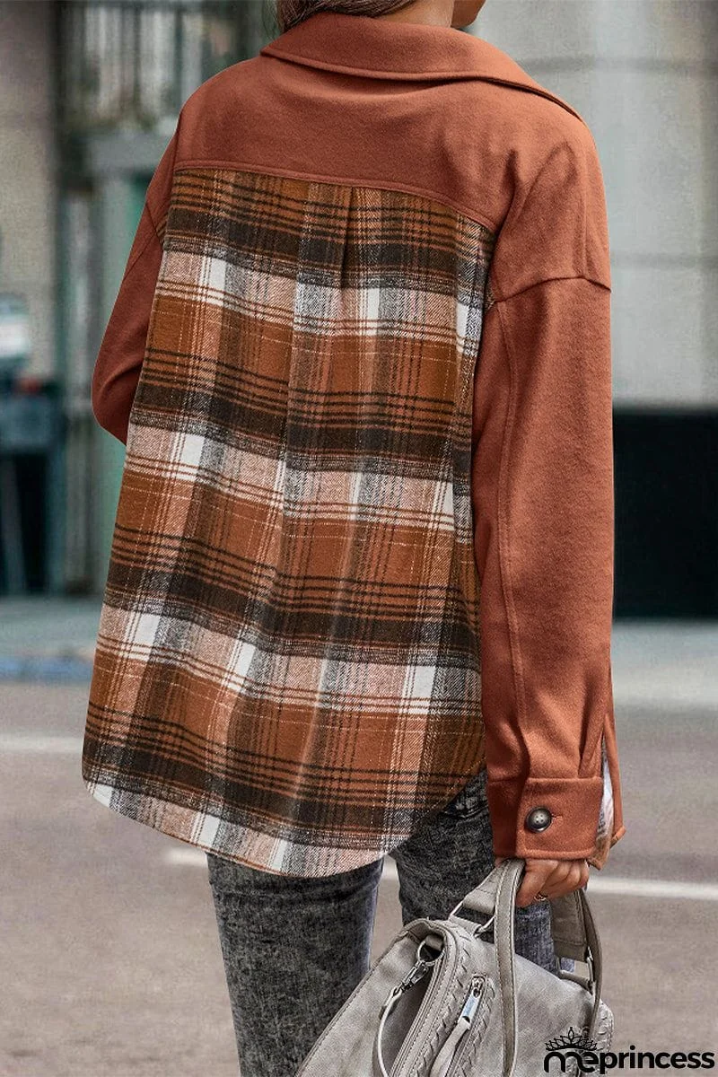 Street Plaid Patchwork Pocket Turndown Collar Blouses(3 Colors)