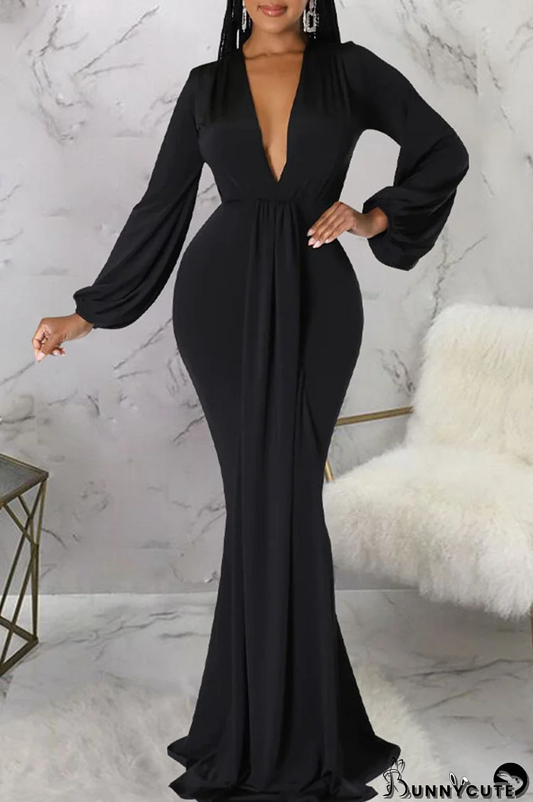 Black Sexy Solid Patchwork V Neck Evening Dress Dresses