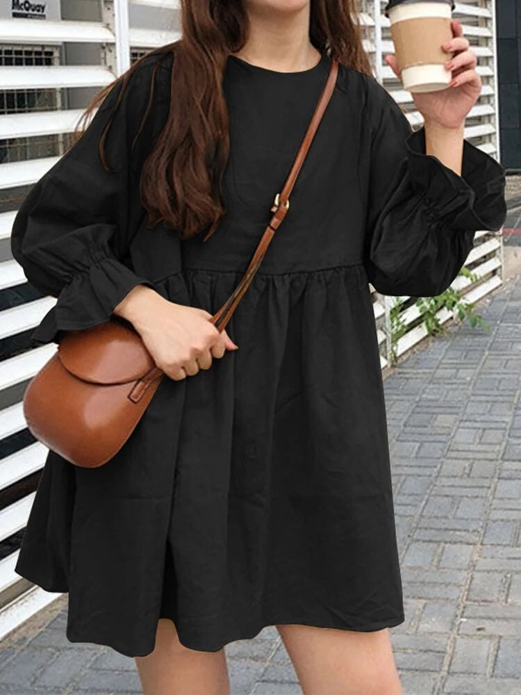 Crew Neck Crinkled Cotton Linen Long Sleeve Dress