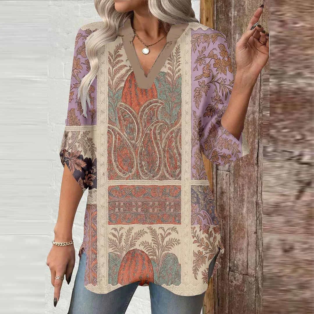 Women Artistic,Purple DZGA0269 3/4 Sleeve V-neck Printed Graphic Button Tops