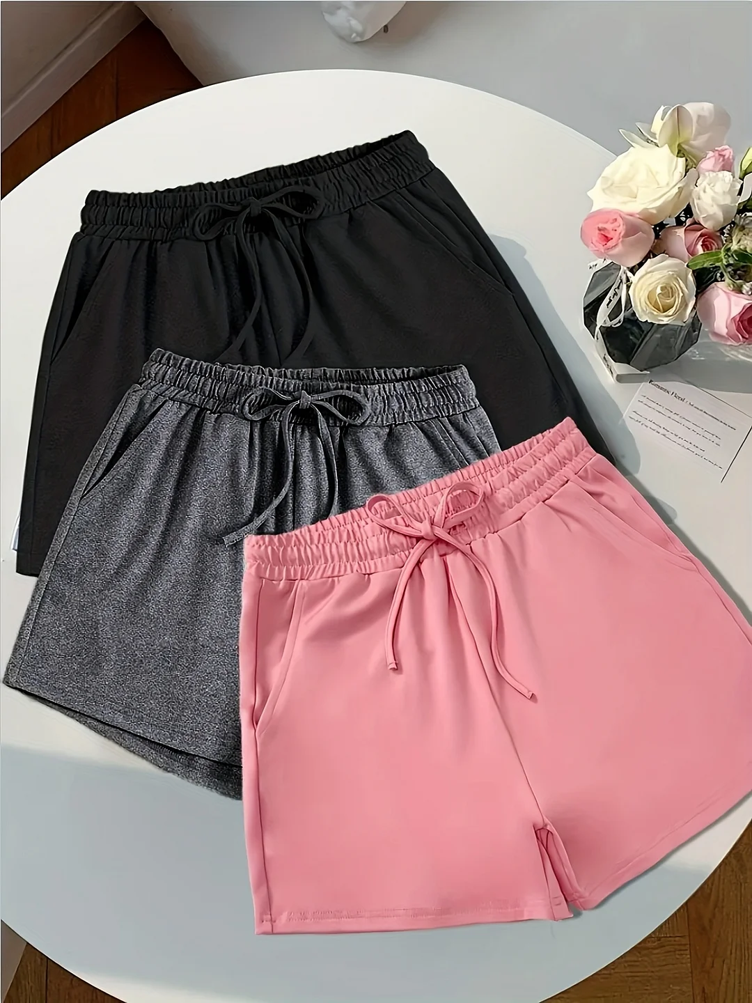 Women's Fashion Drawstring Solid Color Shorts Set Of Three | IFYHOME