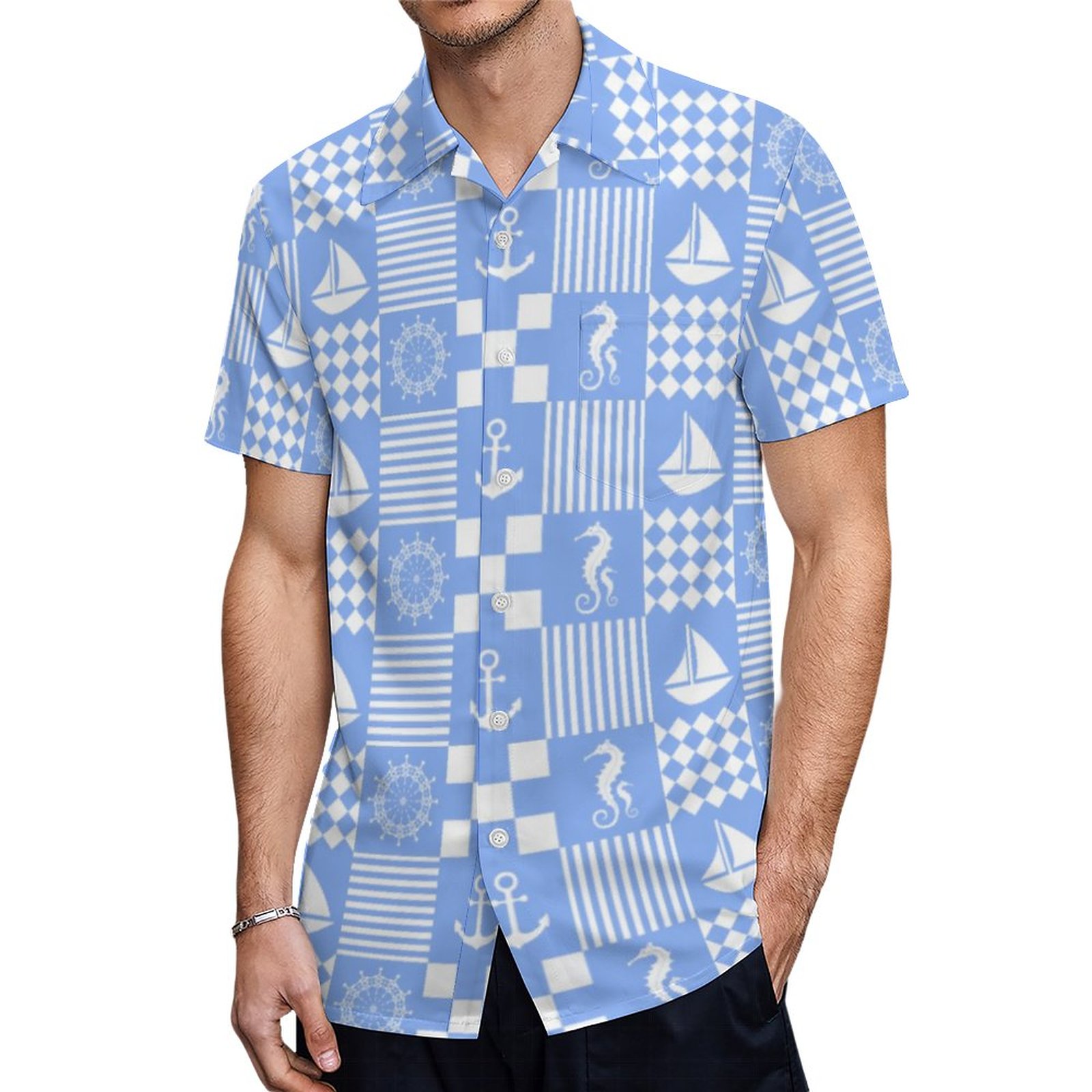 Pale Blue Nautical Patchwork Pattern Hawaiian Shirt Mens Button Down Plus Size Tropical Hawaii Beach Shirts