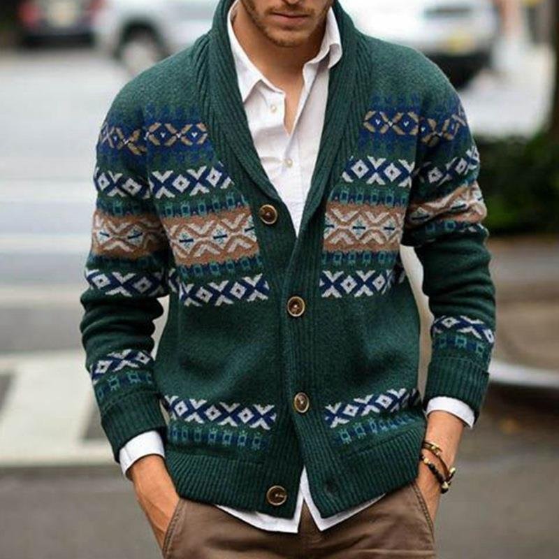 Men's Vintage Lapel Long Sleeve Jacquard Sweater Cardigan Jacket