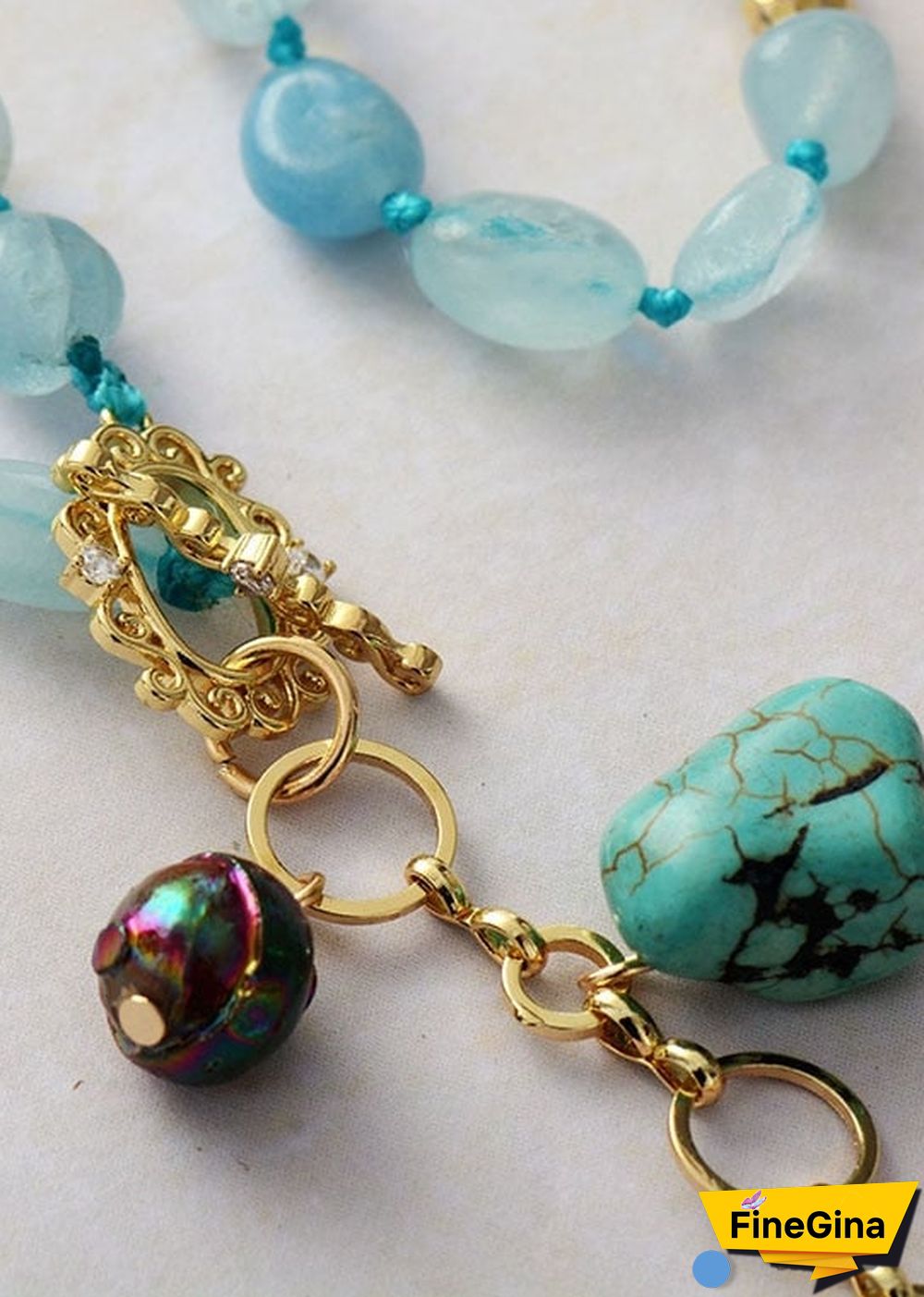 Boho Necklace, Mala Necklace,Blue Aquamarine, Rose Charm, Elegant Lariat