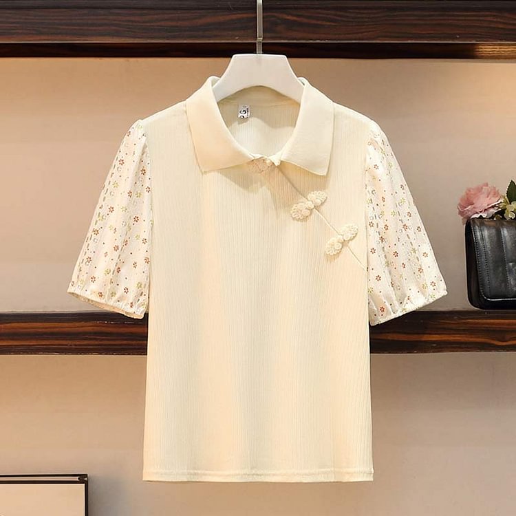 Floral Print Sleeve Buckle T-Shirt Chain Pleated Skirt Set - Modakawa modakawa