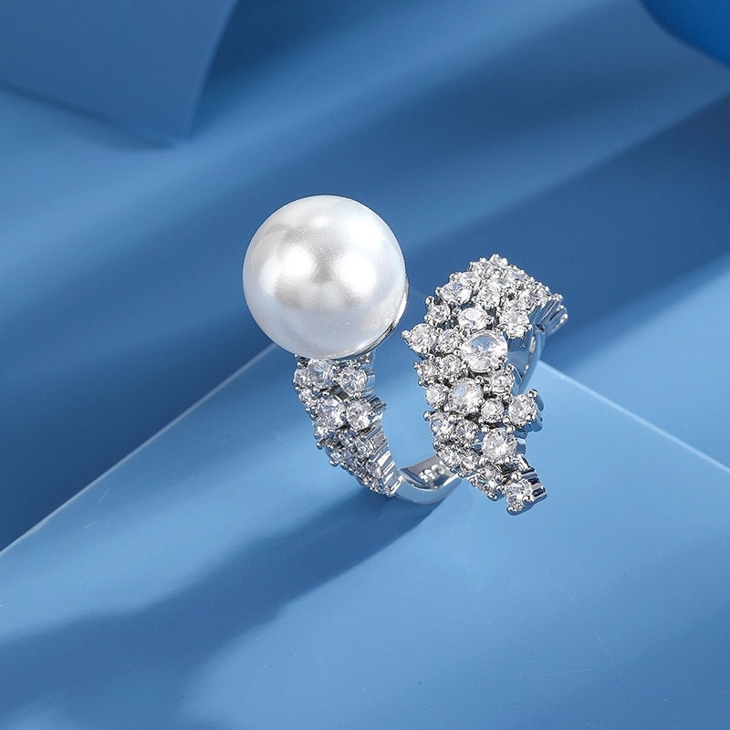 Copper Inlay Flower Pearl Zircon Open Rings