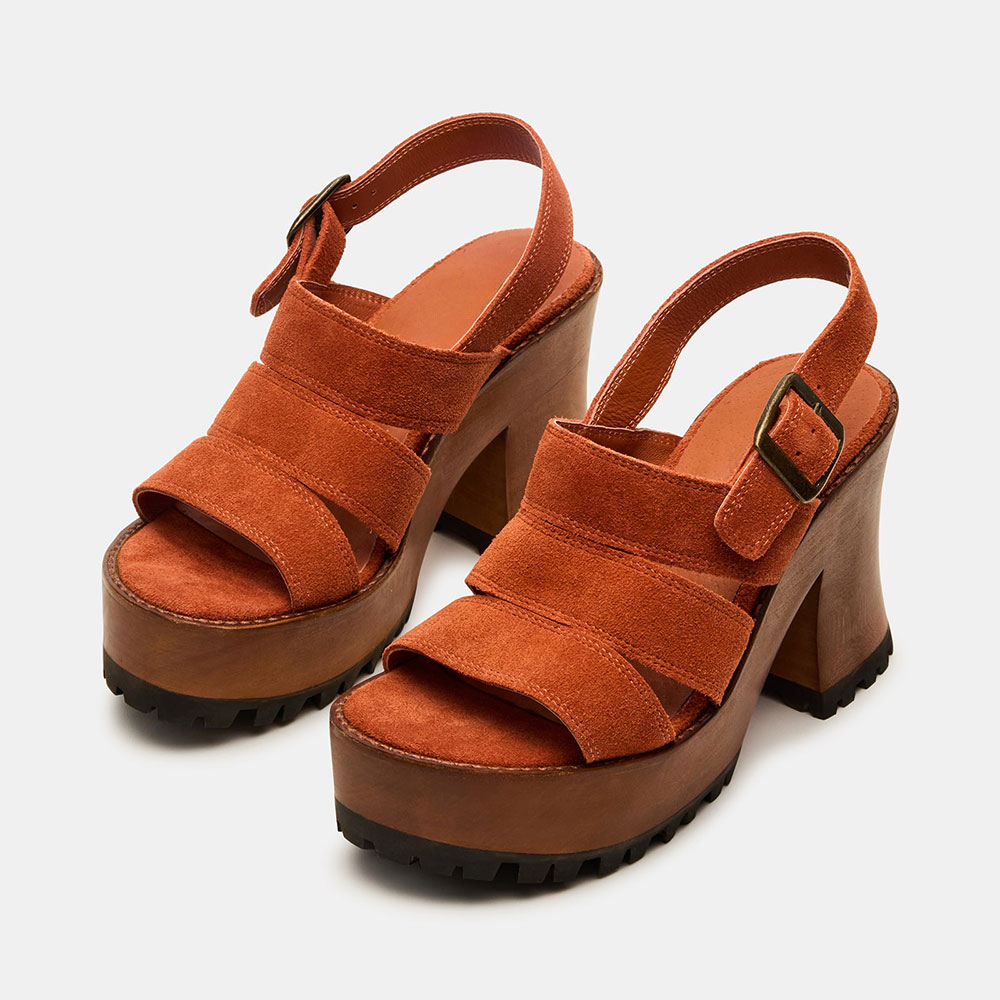 Brown Vegan Suede Round Toe Buckle Chunky Heel Platform Sandals Nicepairs