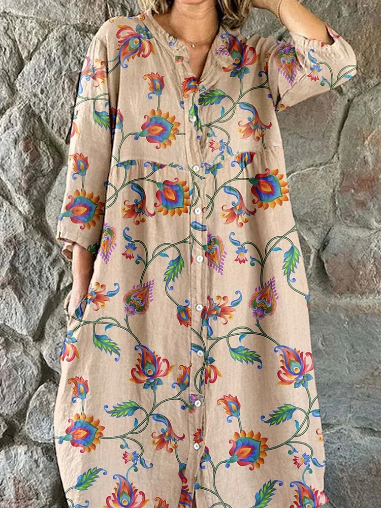 Women's Elegant Vintage Floral Pattern Shirt Style Cotton and Linen Dress