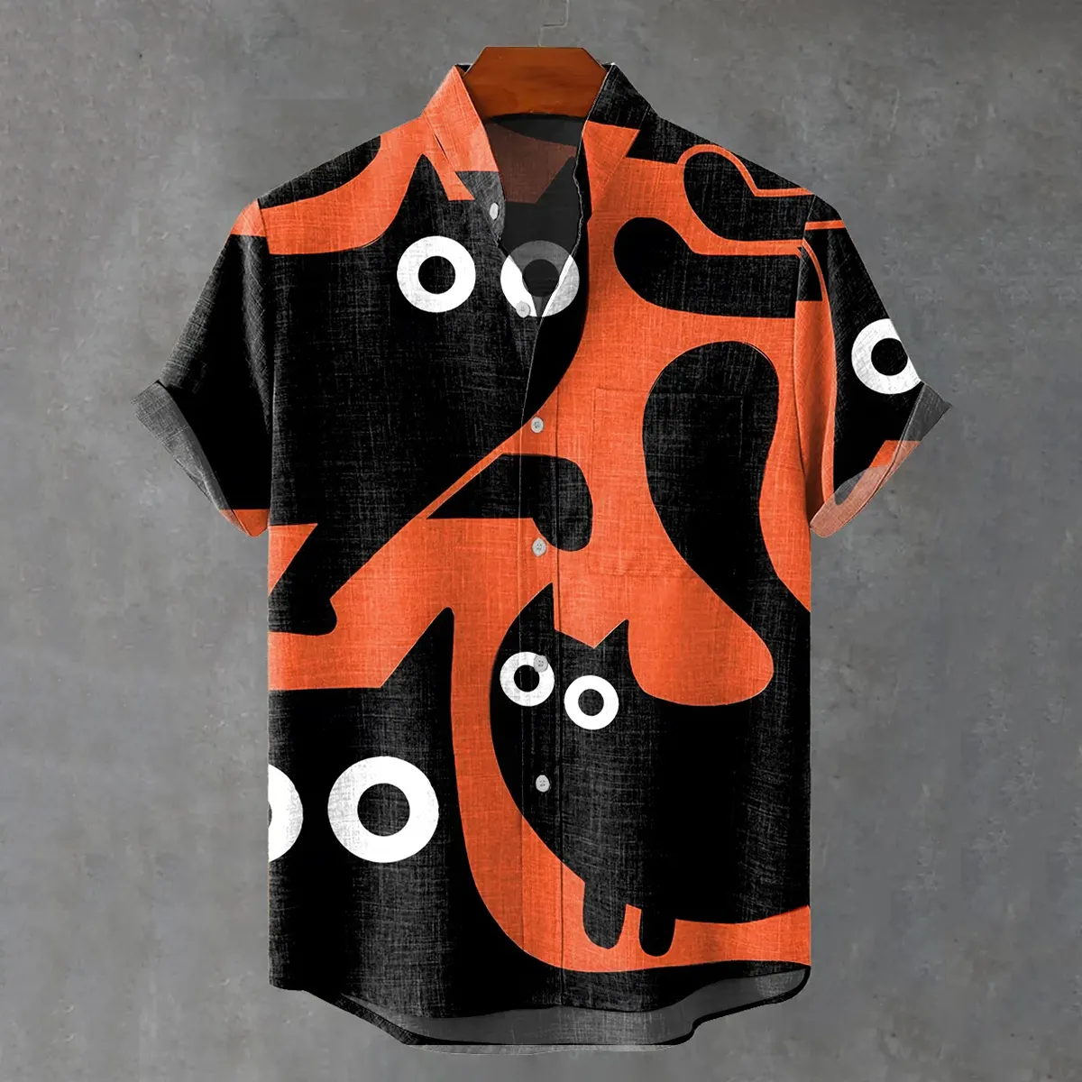 Men's Fun Cat Print Casual Linen Blend Short-sleeve Shirt  artssus