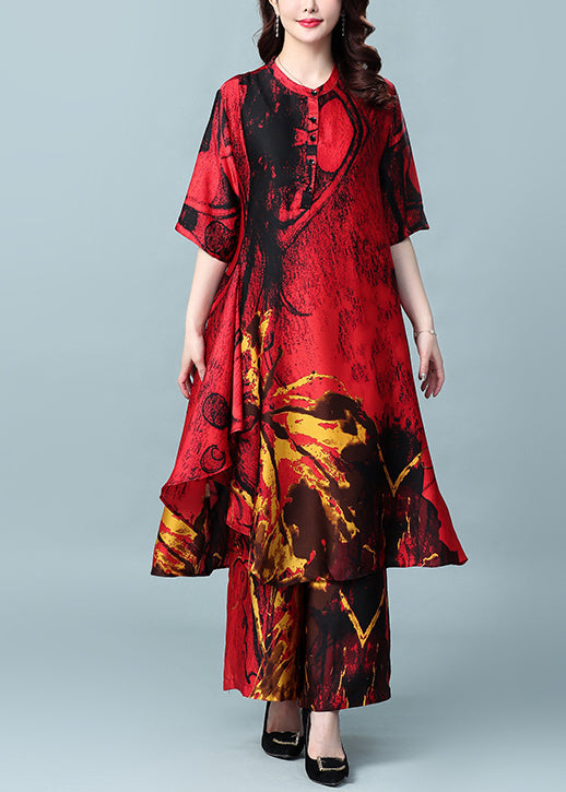 VCSHOES Red Asymmetrical Design Print Silk Dress And Wide Leg Pants Two Pieces Set Summer