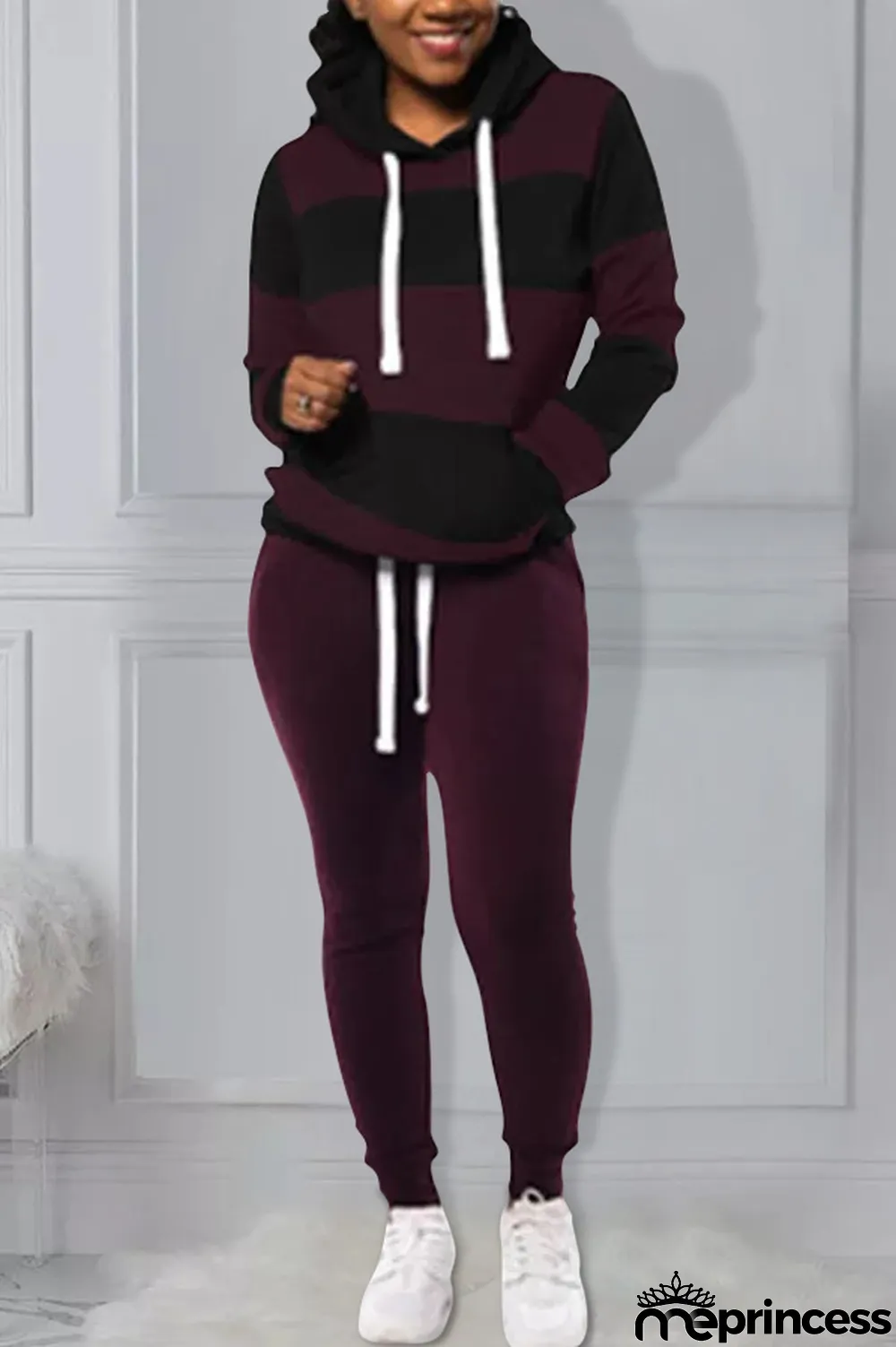 Red Polyester OL Striped Patchwork Print pencil Long Sleeve Two Pieces