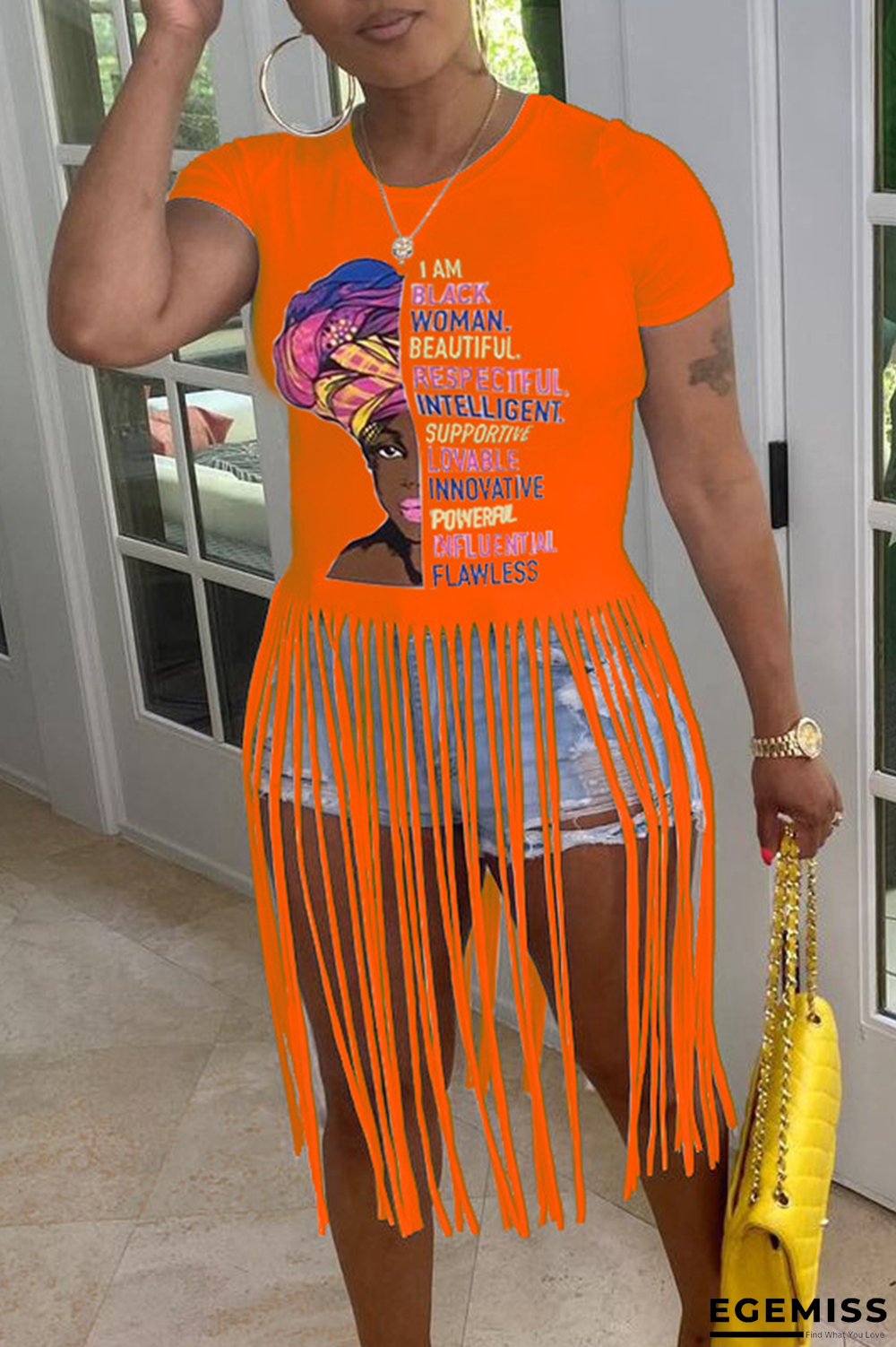 Tangerine Red Sexy Print Tassel O Neck T-Shirts | EGEMISS