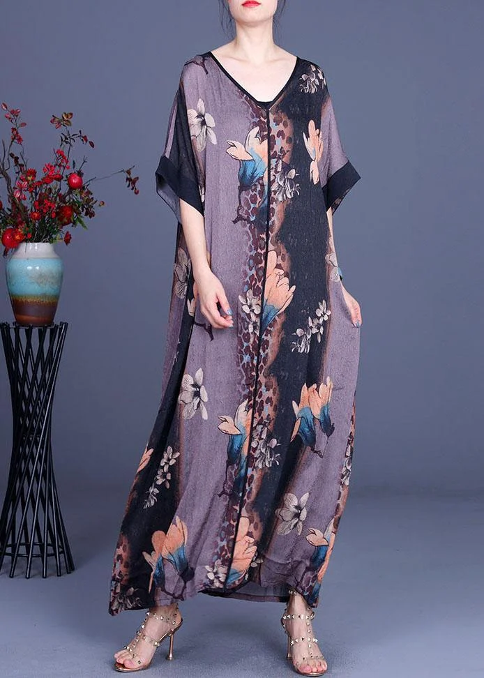 Loose Grey Print V Neck Short Sleeve Chiffon Vacation Dresses